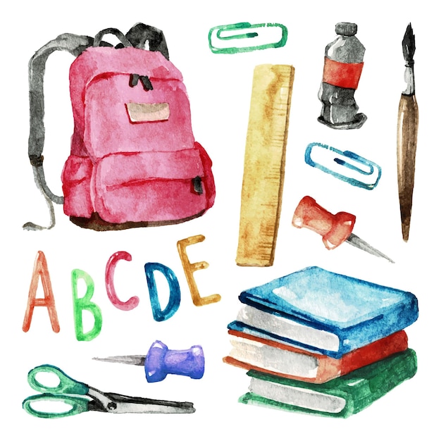 Ensemble D'éléments D'école Dessinés à La Main à L'aquarelle