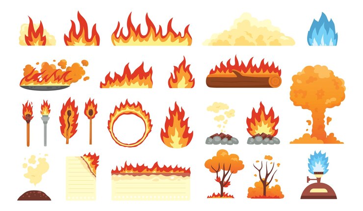 Ensemble d'éléments enflammés chauds. collection d'icônes de flamme de feu en style cartoon.