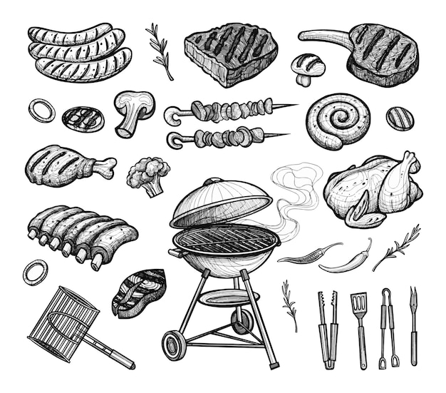 Vecteur ensemble d'éléments de fête barbecue viande grillée et ingrédients croquis dessinés à la main illustration de barbecue