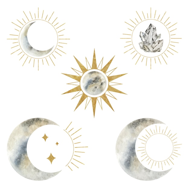 Vecteur ensemble d'éléments floraux de la lune croissante et de l'aquarelle isolée