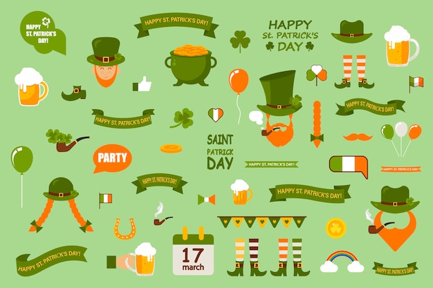 Ensemble D'éléments Sur Fond Vert. La Saint-patrick Est Célébrée En Irlande. Un Ensemble De Modèles D'éléments Thématiques.