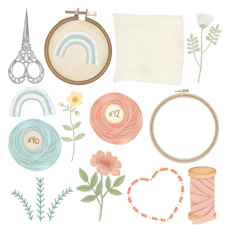 Vecteur ensemble d'éléments graphiques de broderie, d'accessoires et d'attributs pour la broderie et la couture