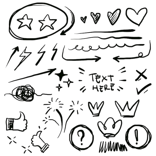Ensemble d'éléments de griffonnage dessinés à la main pour la conception de concept isolé sur fond blanc Éléments d'infographie