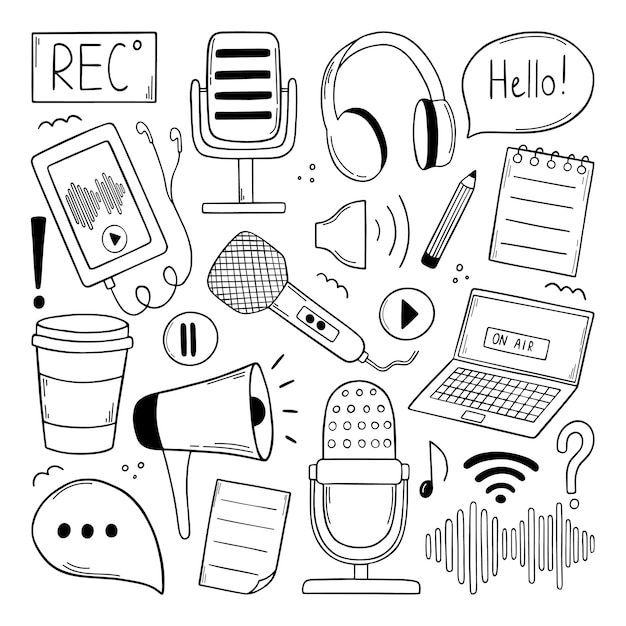 Ensemble d'éléments de griffonnage de podcast dessinés à la main.
