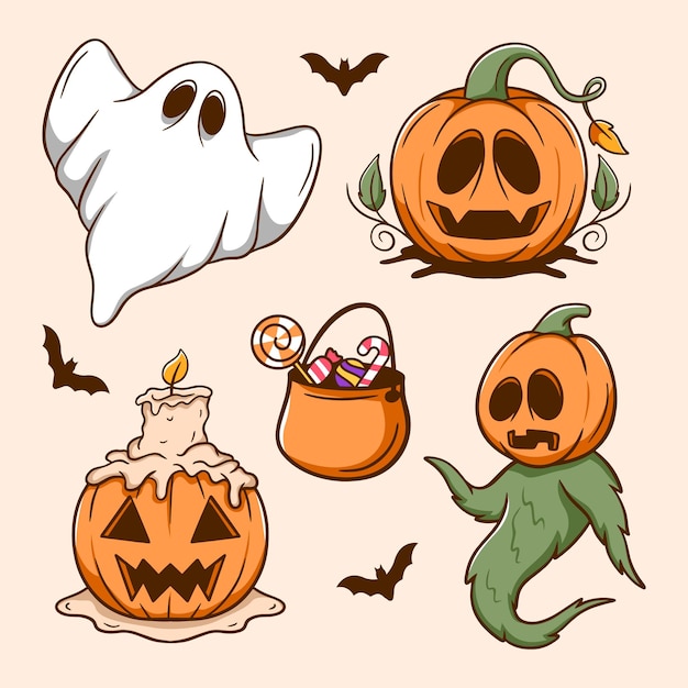 Ensemble d'éléments d'halloween mignons dessinés à la main illustration vectorielle