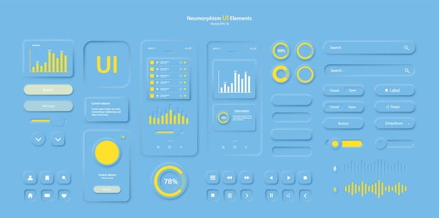 Un ensemble d'éléments d'interface utilisateur pour une application mobile en bleu Un ensemble pour développer un site Web ou une application mobile moderne dans le style Neumorphisme Vector EPS 10