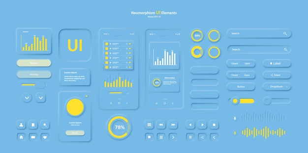 Un Ensemble D'éléments D'interface Utilisateur Pour Une Application Mobile En Bleu Un Ensemble Pour Développer Un Site Web Ou Une Application Mobile Moderne Dans Le Style Neumorphisme Vector Eps 10