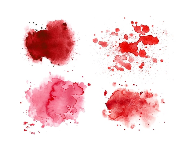 Ensemble d'éléments isolés de taches et d'éclaboussures d'aquarelle rouge et rose