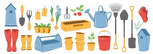 Ensemble d'éléments de jardin de printemps Outils agricoles de la ferme