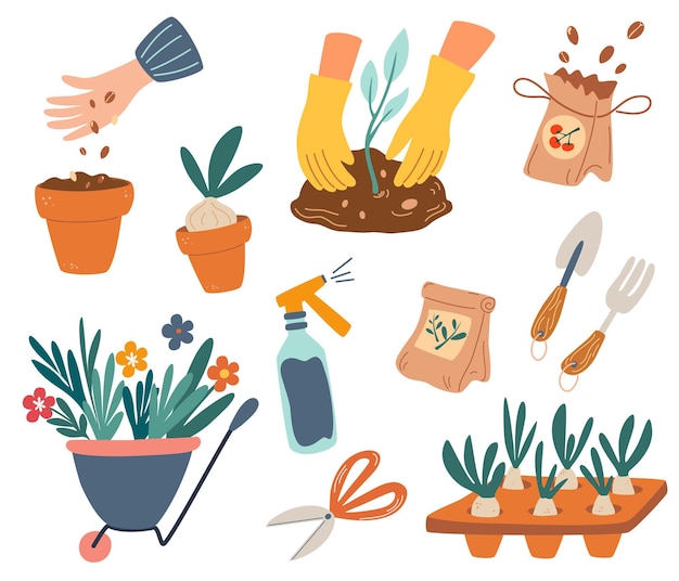 Ensemble d'éléments de jardinage Éléments de travail de jardin mignon Outils d'agriculture illustration vectorielle