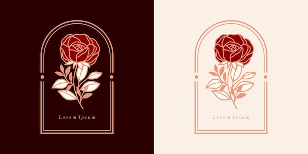 Ensemble d'éléments logo fleur rose botanique dessinés à la main et branche feuille