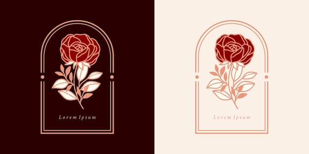 Ensemble D'éléments Logo Fleur Rose Botanique Dessinés à La Main Et Branche Feuille