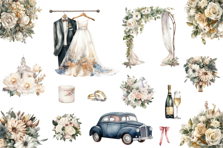 Vecteur ensemble d'éléments de mariage clipart de mariage pour enregistrer les autocollants de carte d'invitation de date et imprimer