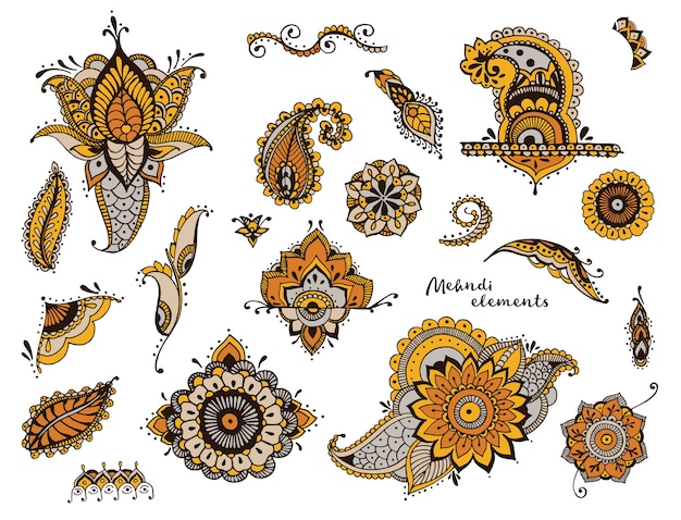 Ensemble d'éléments de mehndi différents dessinés à la main. Fleurs stylisées, fleurs, feuilles, collection indienne paisley. Illustration ethnique colorée.