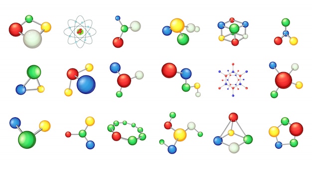 Vecteur ensemble d'éléments moléculaires. ensemble de dessin animé d'éléments vectoriels de molécule