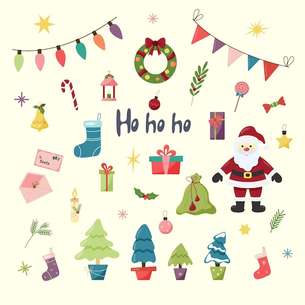 Ensemble d'éléments de Noël dans un style plat avec Père Noël, arbres, guirlande, ho ho ho, chaussettes, cadeaux, doux, couronne