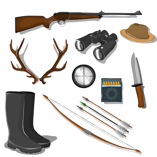 Vecteur ensemble d'éléments et d'objets de chasse en style cartoon