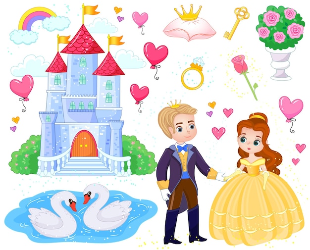 Vecteur ensemble d'éléments et de personnages de conte de fées en style cartoon. prince et princesse près du château. vecteur