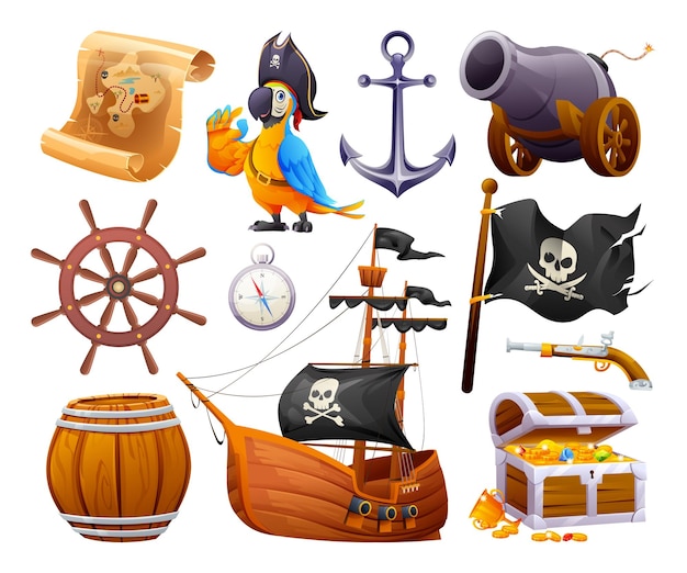 Ensemble D'éléments Pirates Illustration De Dessin Animé Vectoriel Isolé Sur Fond Blanc