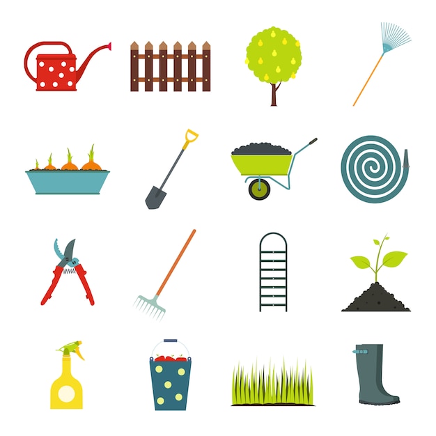 ensemble d'éléments plats de jardin. Symboles de couleur avec herbe, imperméable à l'eau, arrosoir