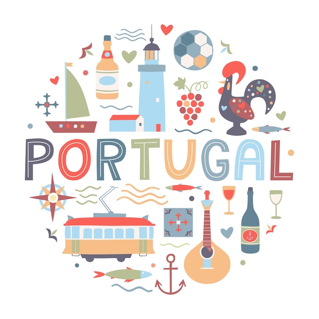 Ensemble d'éléments portugais. Guitare fado, tram, tuiles azulejo, porto, sardines, phare, bateau, coq.