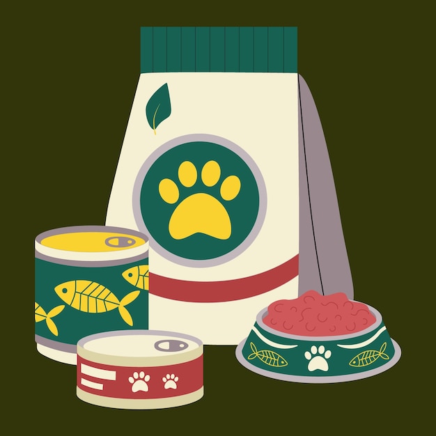 Vecteur un ensemble d'éléments pour animaux chats chiens nourriture fourrage nourriture en conserve poisson une assiette avec du fourrage