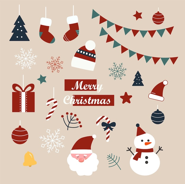 Ensemble d'éléments pour la conception de Noël, éléments de jeu Joyeux Noël avec texte de salutation