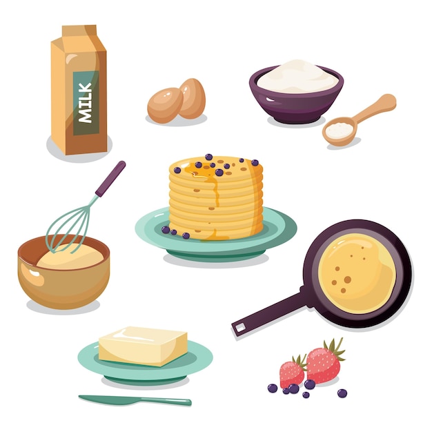 Un ensemble d'éléments pour la cuisson des crêpes pâte poêle lait farine oeufs baies