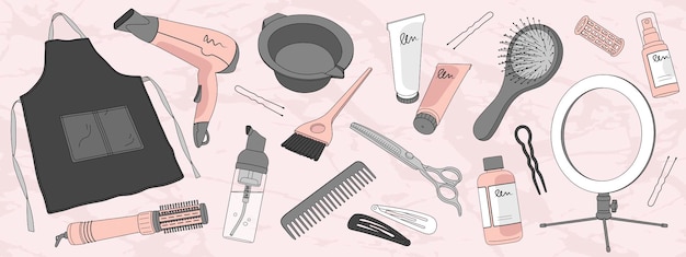 Ensemble D'éléments Pour Salon De Coiffure Avec Différents Outils Et Produits Capillaires