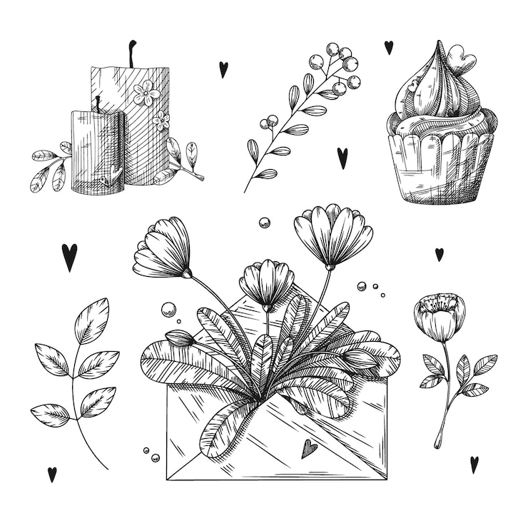 Vecteur ensemble d'éléments romantiques dessinés à la main. différents coeurs, fleurs et autres éléments différents. illustration vectorielle de croquis dessinés à la main.
