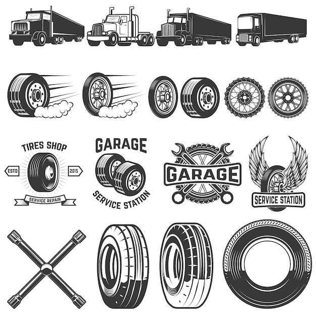 Vecteur ensemble d'éléments de service de pneus. illustrations de camions, roues. éléments pour logo, étiquette, emblème, signe. illustration