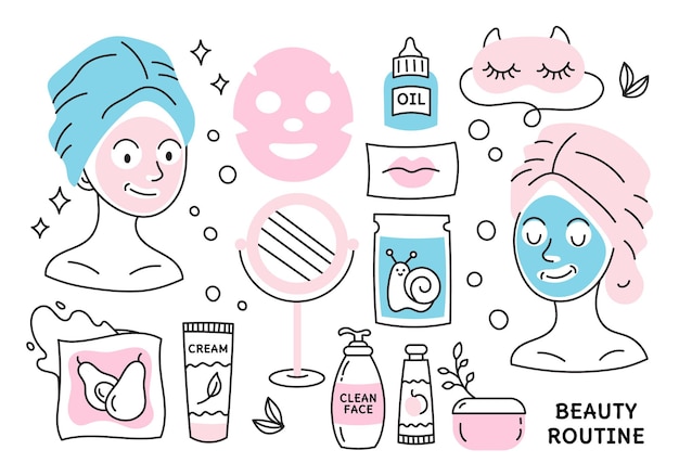 Un Ensemble D'éléments De Soins Cosmétiques Doodle Cartoonproducts Pour La Beauté Et Les Soins Personnels