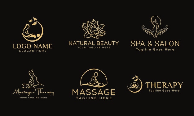 Vecteur ensemble d'éléments spa logo dessiné à la main avec logo corps et feuilles pour la massothérapie spa et salon