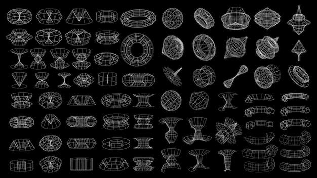 Ensemble d'éléments de technologie géométrique abstraite dans le style cyberpunk Collection vintage rétro Conception numérique virtuelle 3d Texture 80s vr Modèle de métaverse futuriste Arrière-plan du modèle isolé vectoriel