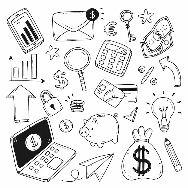 Ensemble d'éléments sur le thème de la finance, de l'argent ou des revenus dans un style plat de griffonnage