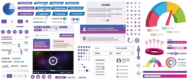 Ensemble d'éléments UIUX pour les sites Web et les applications mobiles, les boutons, les formulaires, les menus et les panneaux