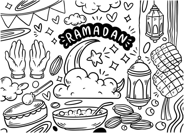 Ensemble D'éléments Vectoriels Doodle Célébrer Le Ramadan Kareem Ensemble De Symboles Et D'icônes Dessinés à La Main Pour Le Saint Festival Musulman Ramadan