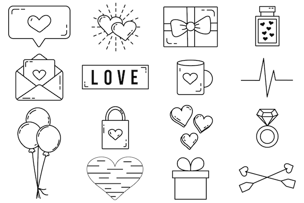 Un ensemble d'éléments vectoriels modifiables Collection Saint Valentin avec trait modifiable Illustrations vectorielles mignonnes Une lettre d'amour Icônes isolées sur fond blanc