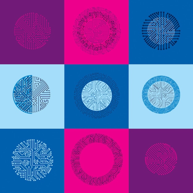 Vecteur ensemble d'éléments vectoriels de technologie abstraite avec des circuits imprimés colorés ronds. schémas numériques circulaires de haute technologie d'appareils électroniques, flèches multidirectionnelles.