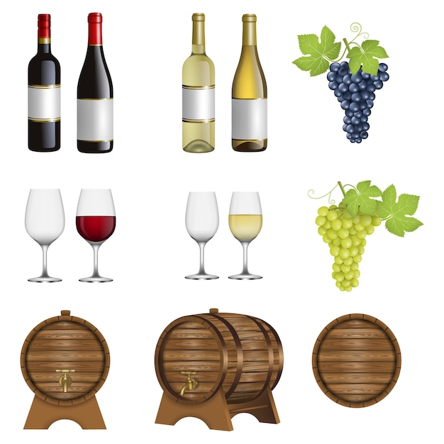 Ensemble d'éléments de vin. Bouteilles de vin, verres, tonneaux et raisins isolés