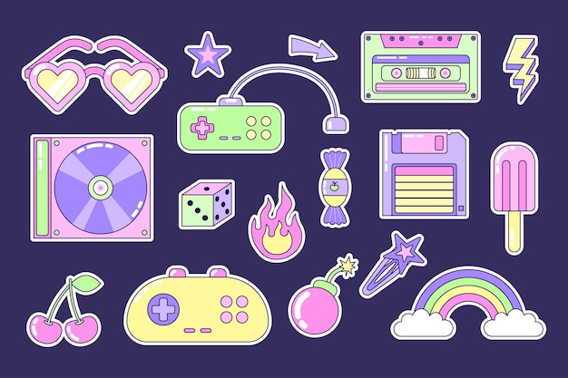 Ensemble d'éléments y2k Éléments multicolores sur fond sombre Illustration rétro avec contour dans le style des années 90 Illustration vectorielle isolée