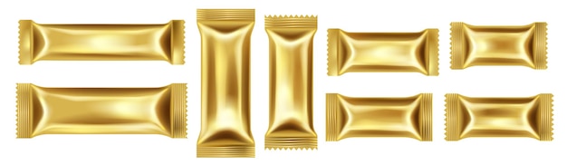 Vecteur ensemble d'emballage en feuille d'or à flux réaliste pour barre de chocolat. modèle d'emballage de collations pour biscuits, biscuits, bonbons. maquette de poche sur fond blanc. illustration vectorielle