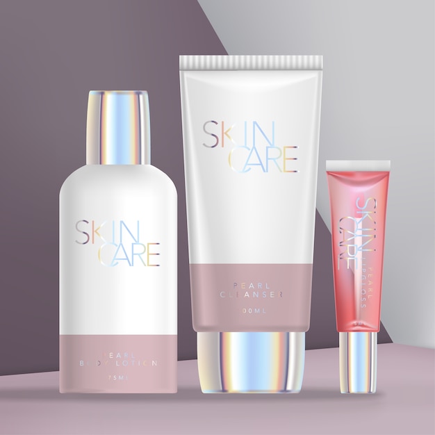 Ensemble d'emballage holographique pour la beauté ou les soins de la peau avec flacon pulvérisateur, tubes opaques et transparents