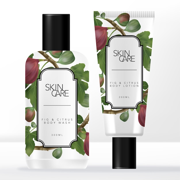 Ensemble d'emballage de produits de toilette et de tube de soins de la peau de figue et d'agrumes communs de style rétro ou vintage.