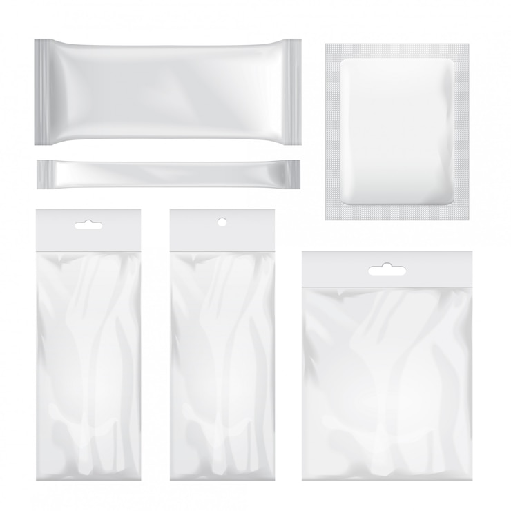 Vecteur ensemble d'emballage de sac en aluminium blanc transparent et blanc pour nourriture, collation, café, cacao, bonbons, craquelins, chips, noix, sucre. emballage en plastique