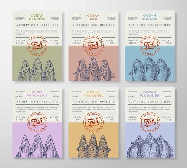 Ensemble d'emballages ou d'étiquettes de fruits de mer
