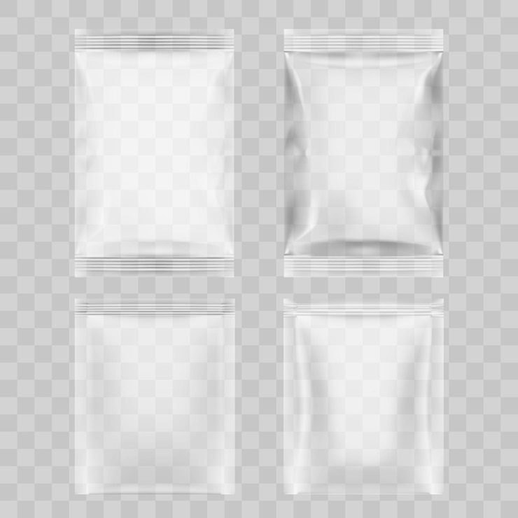 Vecteur ensemble d'emballages transparents pour collations, croustilles, sucre, épices ou autres aliments