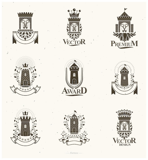 Vecteur ensemble d'emblèmes des anciens forts. collection d'illustrations vectorielles isolées de logos décoratifs d'armoiries héraldiques.