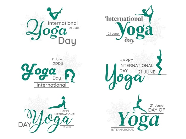 Vecteur ensemble d'emblèmes et de badges de logo de typographie pour la journée internationale du yoga le 21 juin