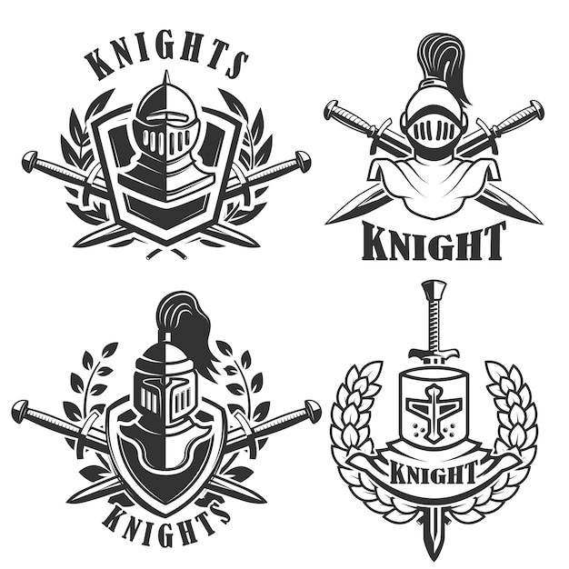 Ensemble des emblèmes avec casques et épées de chevaliers. éléments pour logo, étiquette, insigne, signe. illustration